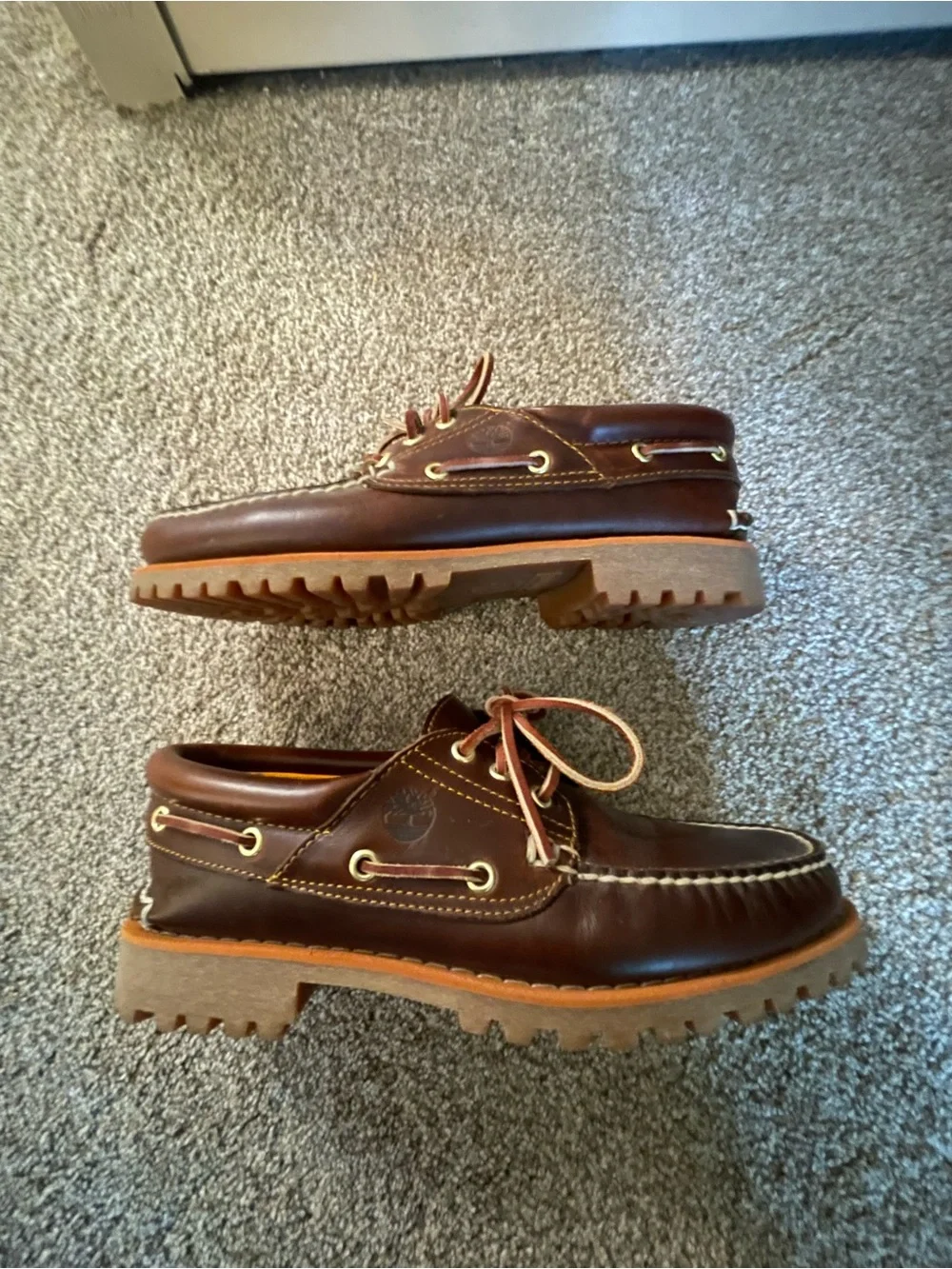 Timberland Dark Brown Leather Boat Shoes with Tan Lug Sole